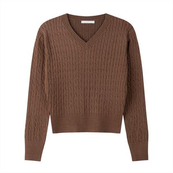 女性ポリアベーシックケーブルVネックニットティーSGW-KN-Q051-ブラウン