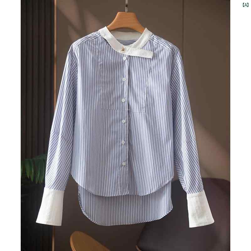 レディース ファッション　オシャレ　カジュアル　かわいい　綺麗 アクセント ファッション ラウンドネック フロント ショート バック ロング ブルー ホワイトストライプ ホワイト シャツ トップ 5,429円
