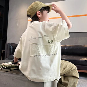 男の子のの半袖Tシャツ25子供用ゆったりコットントップス男の子用ミディアムとラージサイズの子供用半袖レタートレンディTシャツ