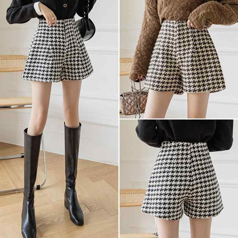 パンツ レディース 秋 冬 ウール ボトムス 千鳥格子 チェック柄 ショート アウターウェア スリム ワイド レッグ ブーツ