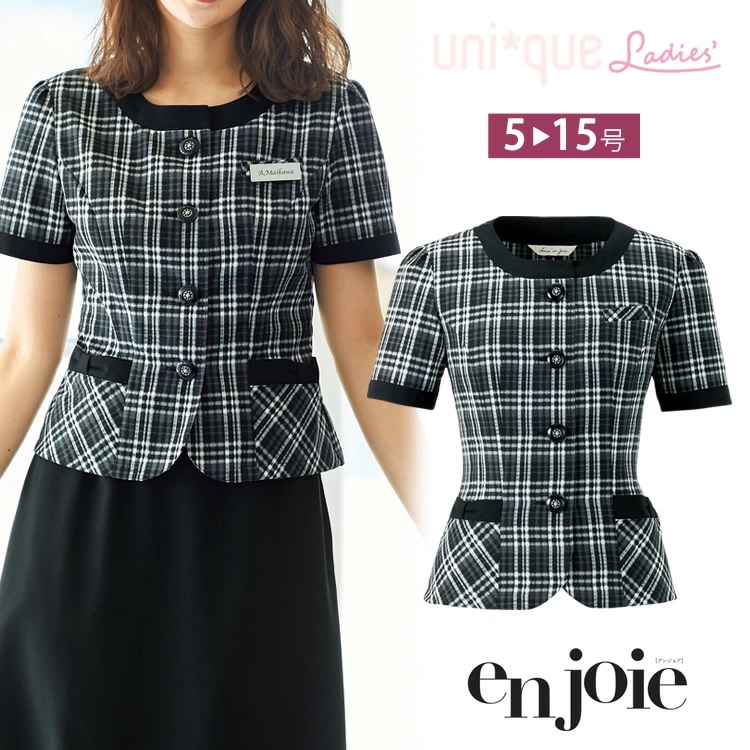 アンジョア レディース 半袖 オーバーブラウス 26650 春夏 透けにくい 白黒 モノトーン チェック シャツ リボン ソフトジャケット オフィス ユニフォーム 制服 通勤 事務服 OL 夏服