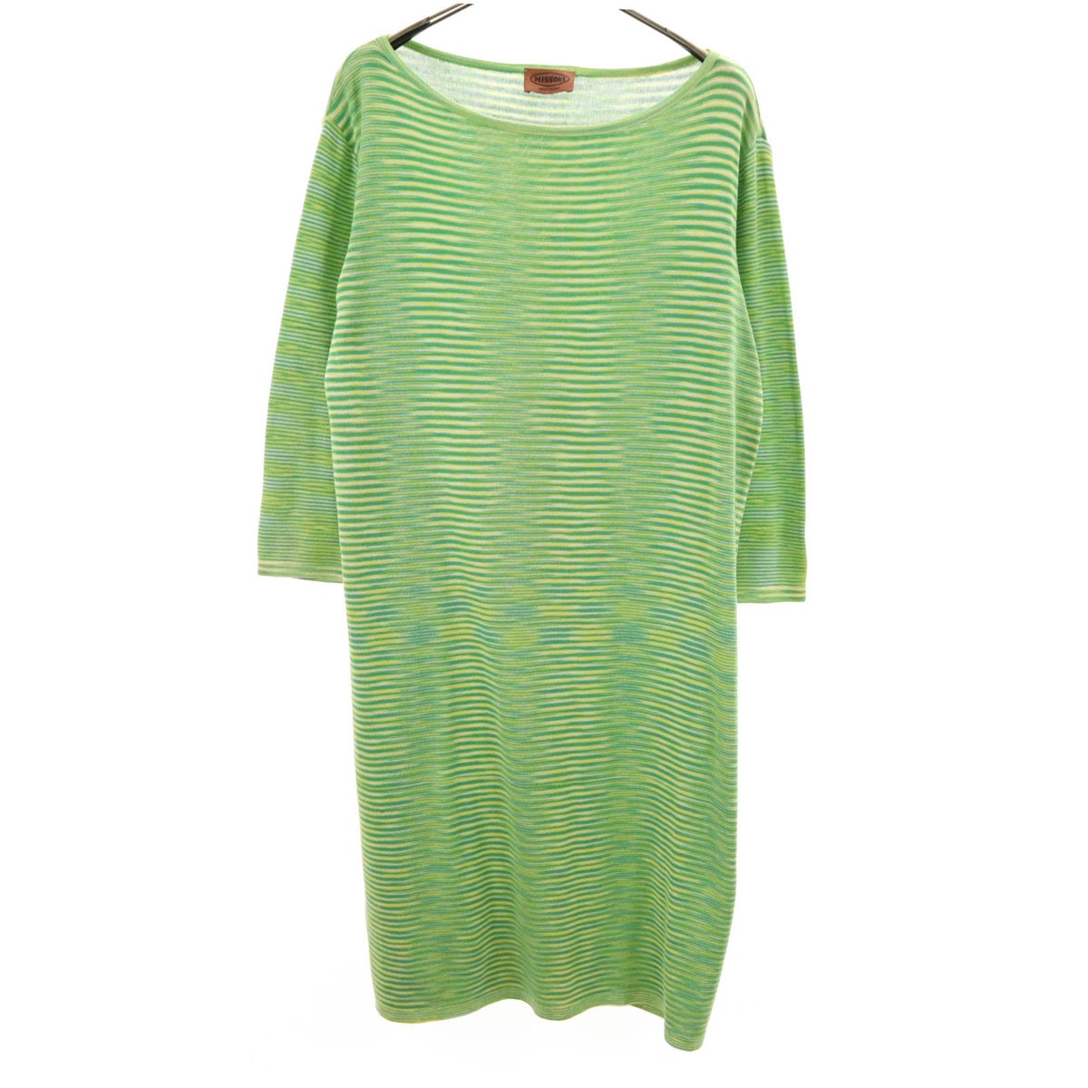 イタリア製 ボーダー柄 7分袖 ニット ワンピース 48 グリーン レディース 古着