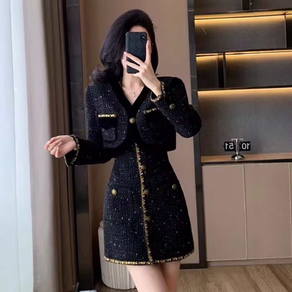 韓国デザイン春秋新作お嬢様ショート丈コート着+キャミワンピース