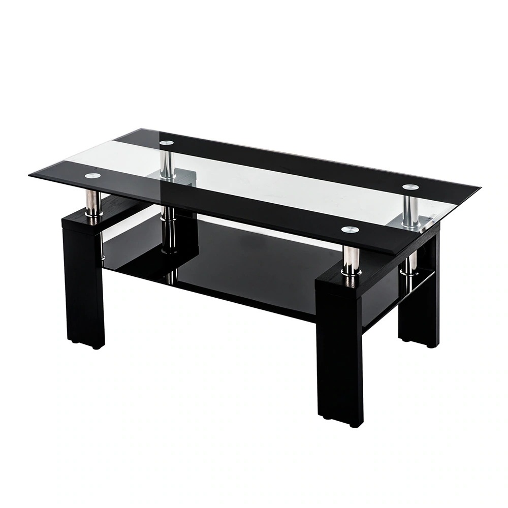 214ガラステーブル　センターテーブル　リビングテーブル　 ローテーブル モダン シンプル ガラス 北欧【ブラック＆クリア混色天板+ブラック脚】
