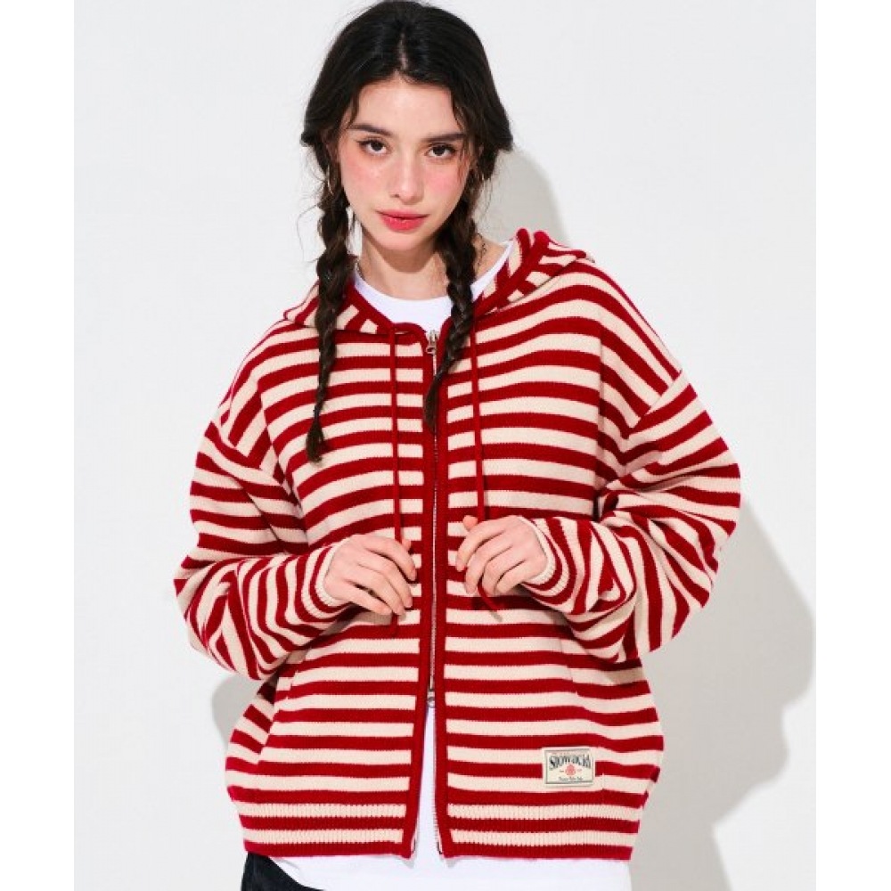 SLOW ACID ストライプニットパーカージップアップ [レッド]