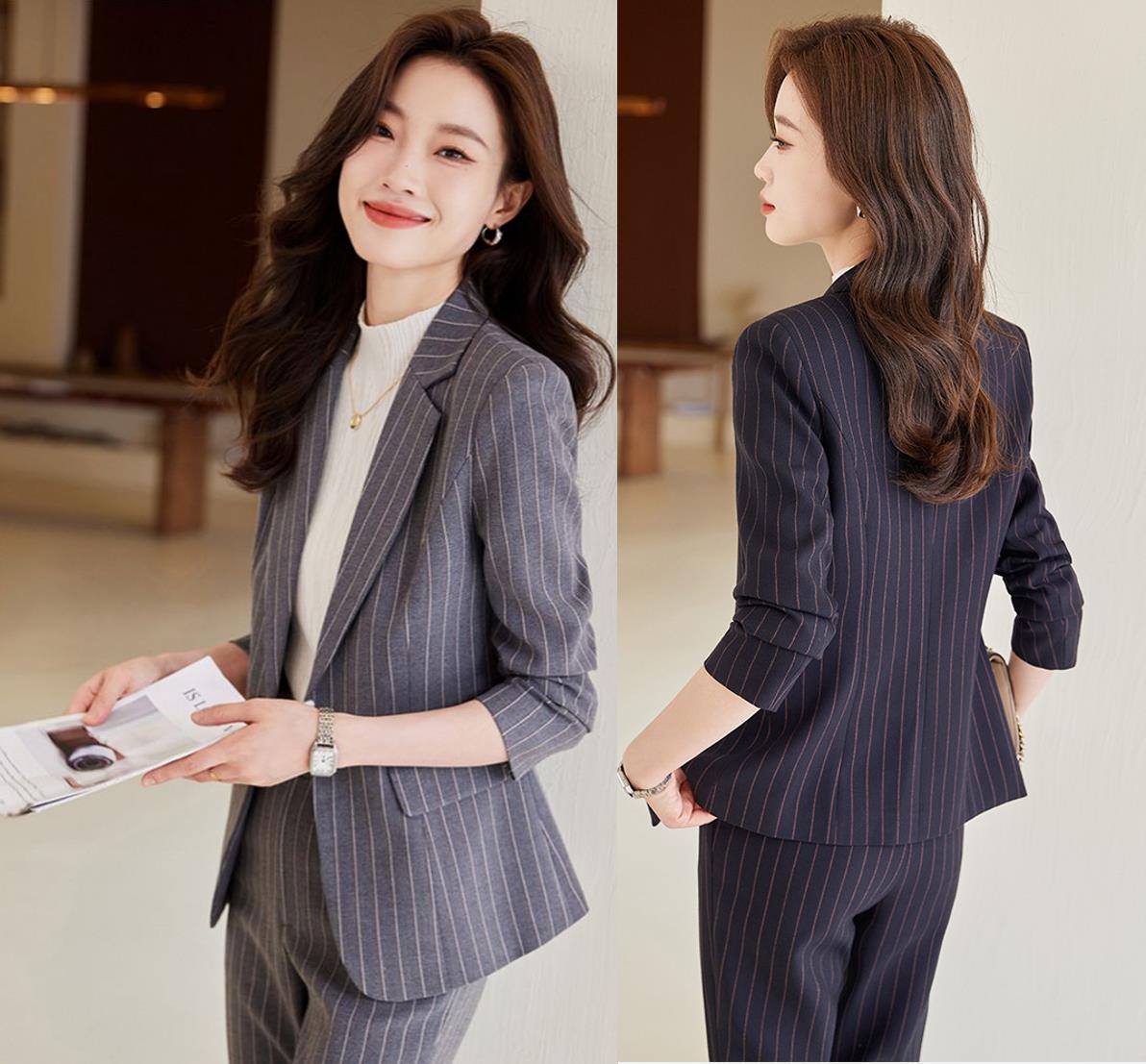 【2枚購入で100円OFF】レディース/コート/パンツスーツ/ママスーツ/長袖/通勤/オフィス/トップス/制服/事務服/ビジネス/洗える/細身/春秋冬/就活/大きいサイズ/2点セット 縦縞　ブラック