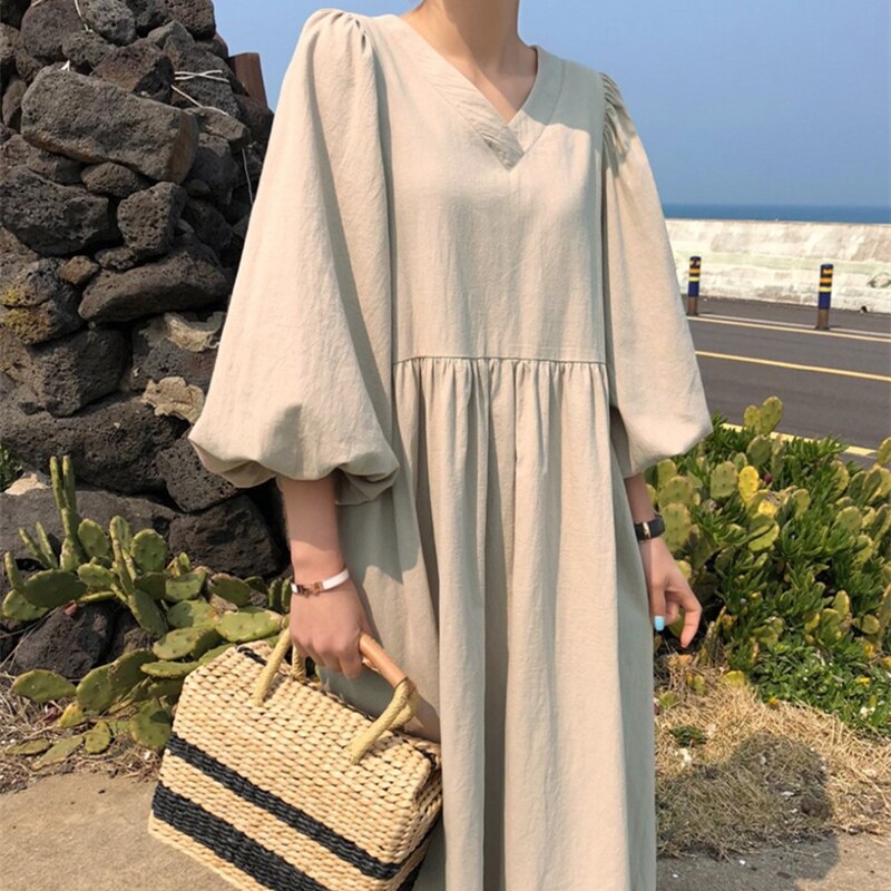 体型カバーチュニック韓版 Vネック ゆったり ランタン袖 復古 綿麻 セミロングTシャツワンピースンワンピース 母の日 母の日-0003762