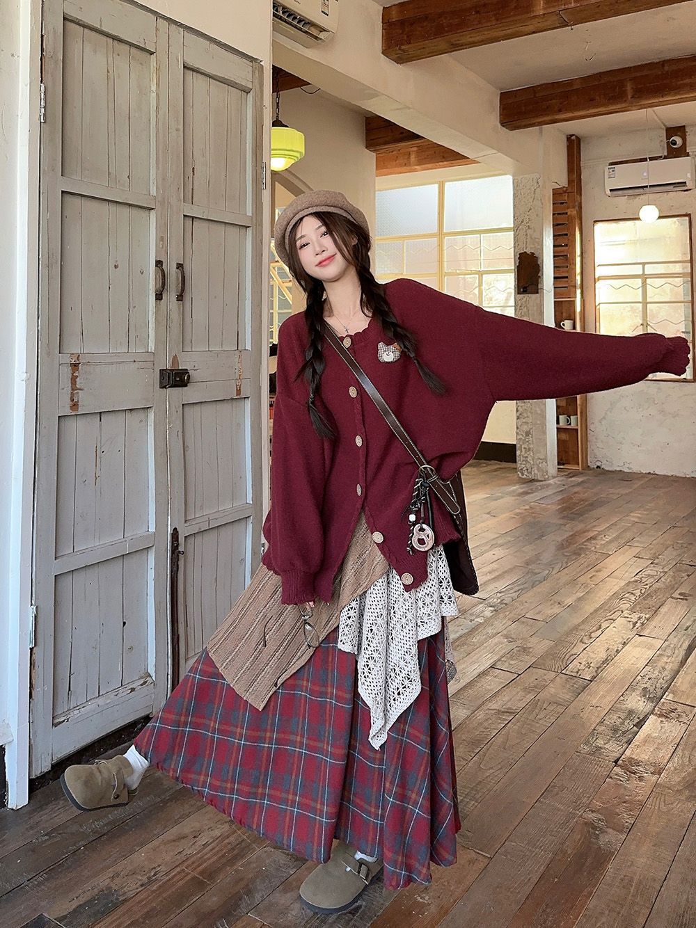 24セットアップ カーディガン クマちゃん ロングスカート 不規則 チェックスカート ルーズ 長袖 レトロ 韓国ファッション レディース 大人可愛い ガーリー
