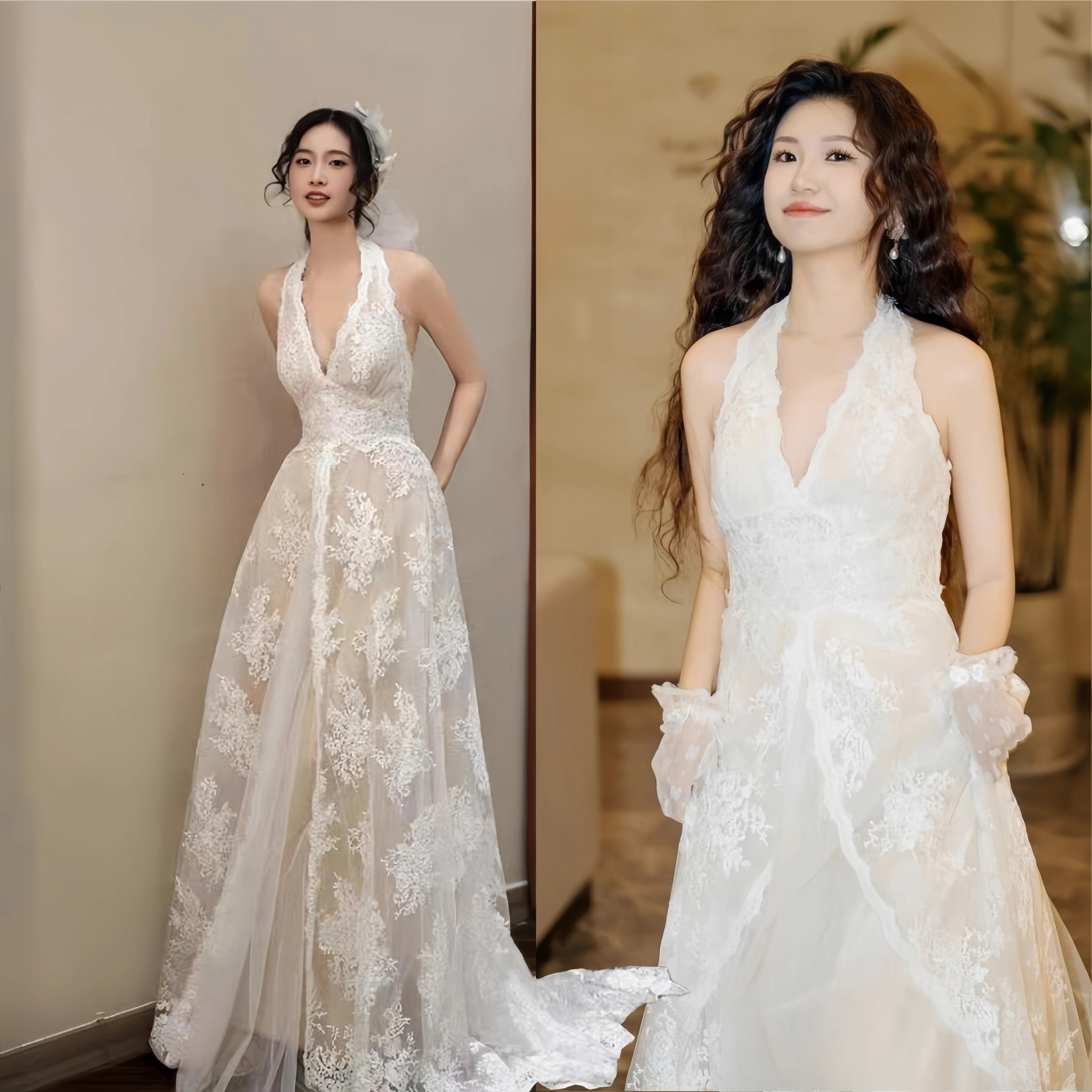 ウェディングドレス 花嫁 結婚式 ドレス 首レースのVネック花嫁テール引きのウェディングドレス Aラインドレス 挙式 二次会 ブライダル 結婚式 レディース ロングドレス白 レース 編み上げ式