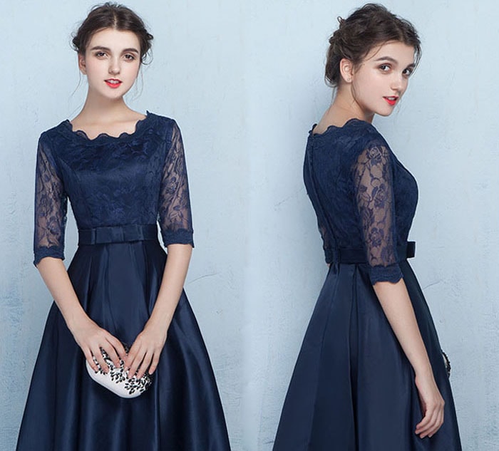 パーティードレス ミモレ丈 二次会 結婚式 ドレス 半袖 ウェディングドレス 花嫁 パーティドレス 披露宴 演奏会 卒業式ネイビー お呼ばれ