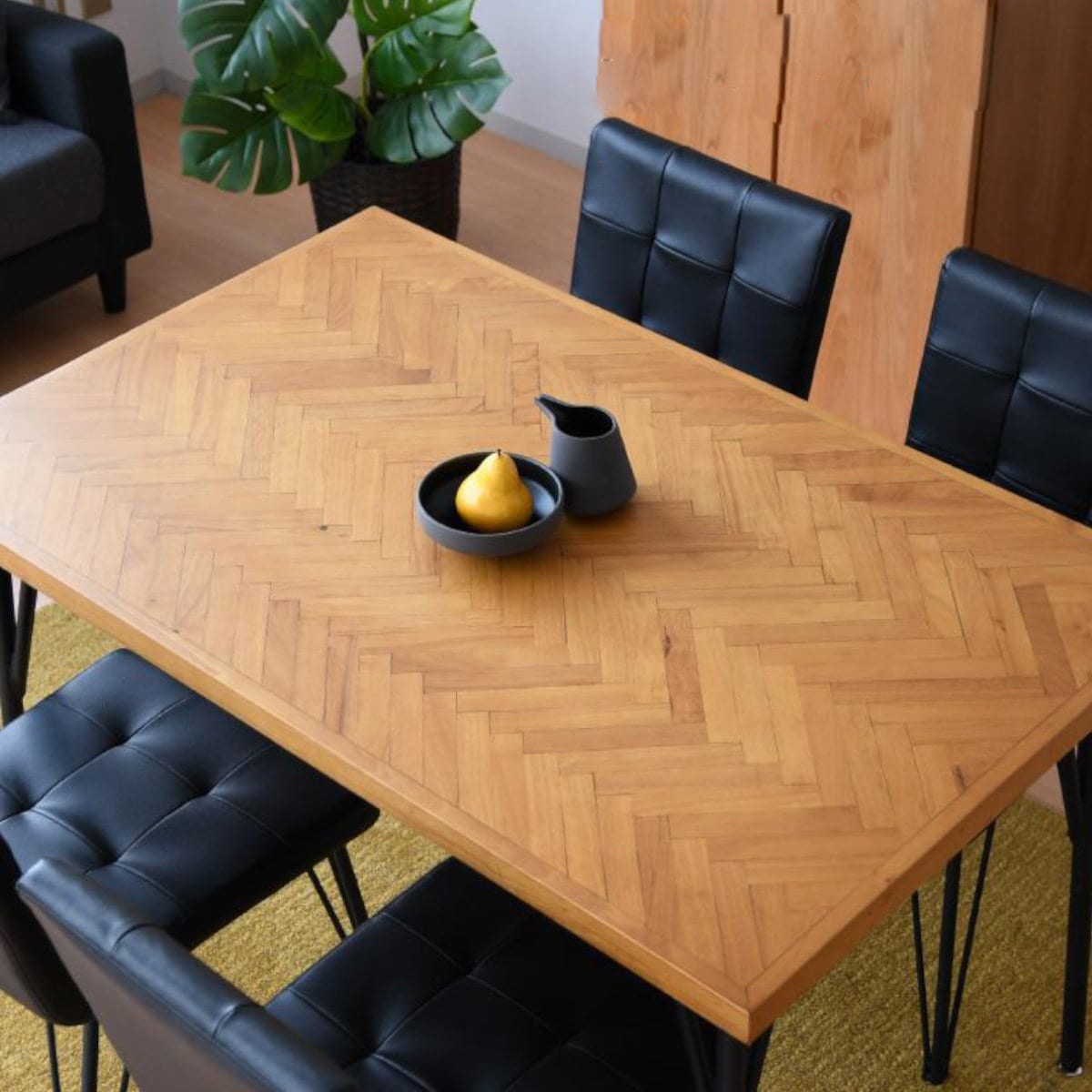 ダイニングテーブル 幅120cm ヘリンボーン柄 ダイニング テーブル 食卓 長方形 4人掛け 天然木 スチール脚 コンパクト 異素材 木目調