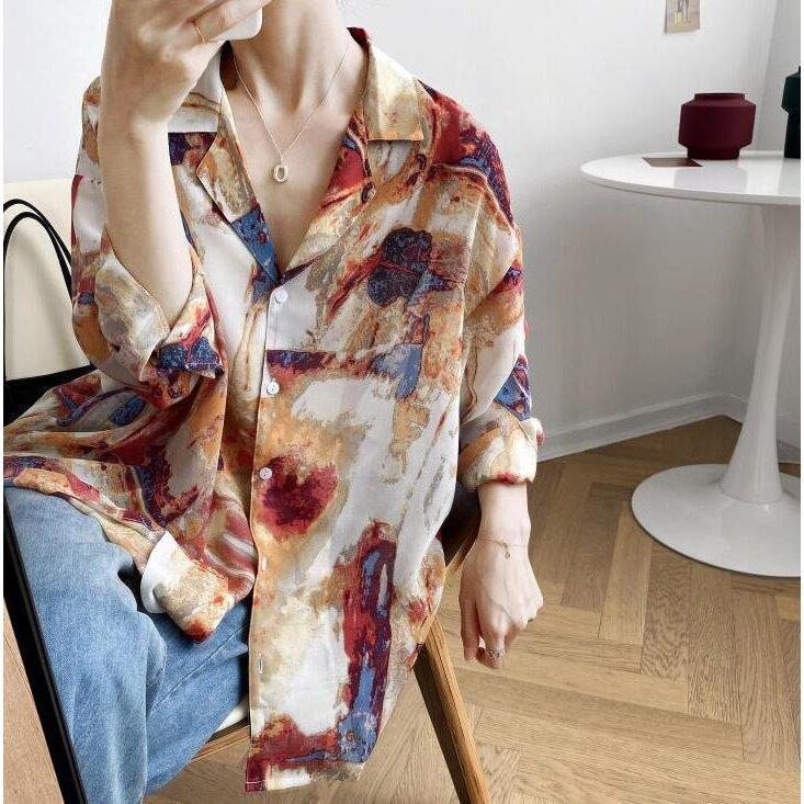 レディース シャツブラウス シャツ ブラウス 柄 角襟 明るい 冷房対策 ゆるい カジュアル トップス 春夏秋 春新作 バレンタイン 2023 プレゼント