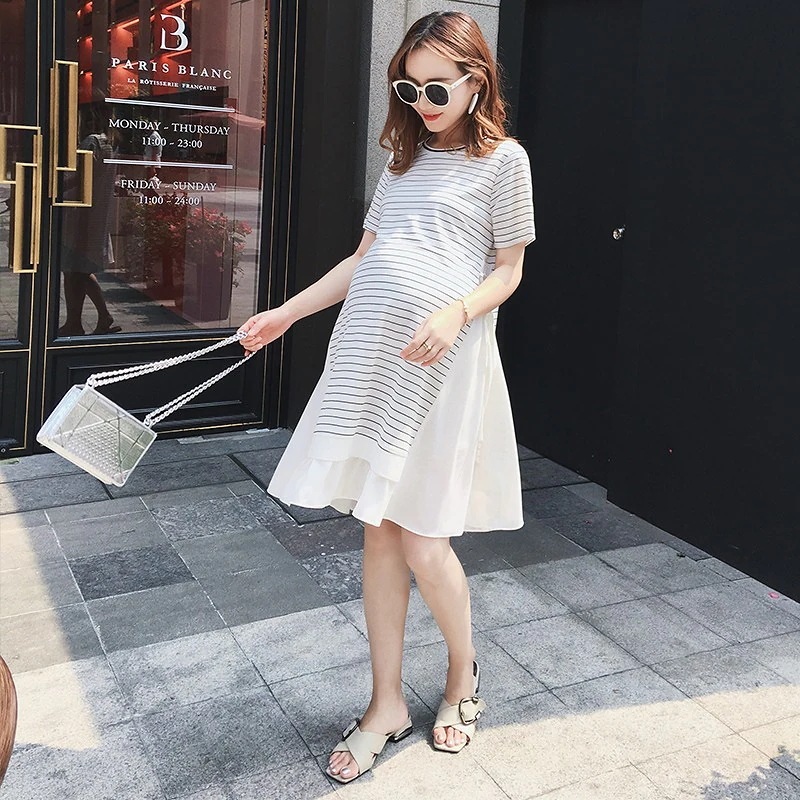 マタニティワンピース 妊娠 ひざ丈ワンピ 春夏 半袖 大きいサイズ 産前産後対応 マタニティウエア レディース 妊婦服 ボーダー 体型カバー ゆったり