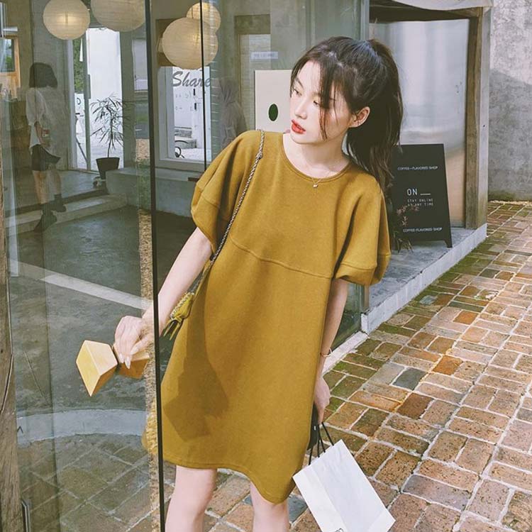 カットソー小柄ワンピース半袖チュニック夏バックリボンTシャツ無地クルーネックショート丈チュニック丈レディース薄コットン混ボリューム袖着痩せ大人可愛い夏ワンピース涼しい