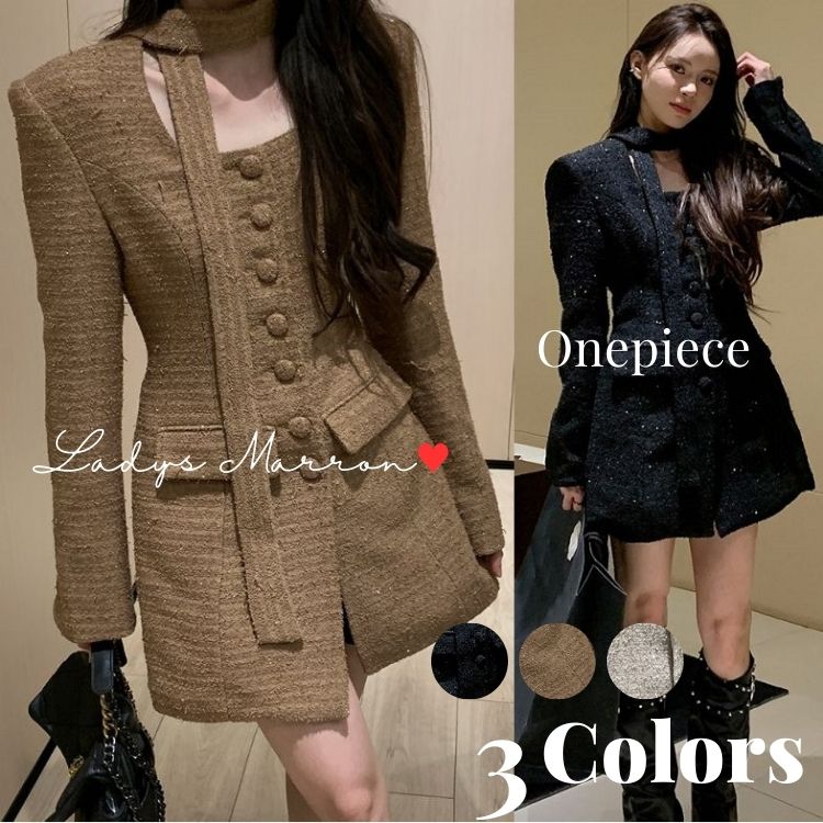 【即納】ジャケットワンピース テーラードワンピース レディース 秋 冬 ツイード ジャケット 韓国 無地 スクエアネック 春 長袖 可愛い シンプル くるみボタン フレアシルエット タイ付き パワショ 5,857円