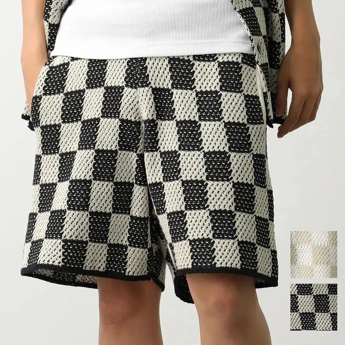 ASKYURSELF アスクユアセルフ ハーフパンツ CHECKRED CROCHET SHORTS メンズ チェッカーフラッグ クロシェ ニット カラー2色