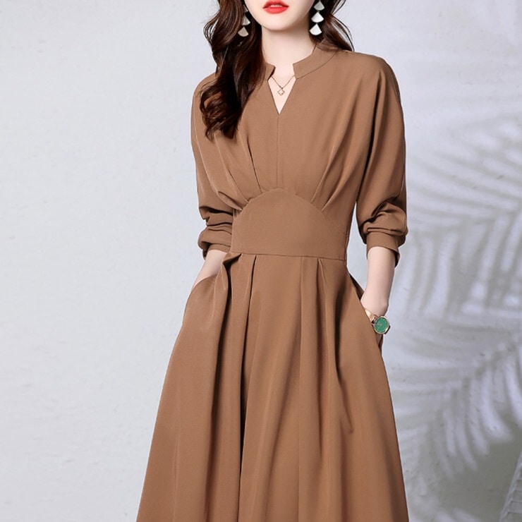 ワンピース レディース プルオーバー ロングスカート フレアスカート フレアワンピース ワンピドレス 膝下 ミモレ丈 長袖 ボリューム袖 Vネック フレア Aライン ハイウエスト かわいい 大人可愛い