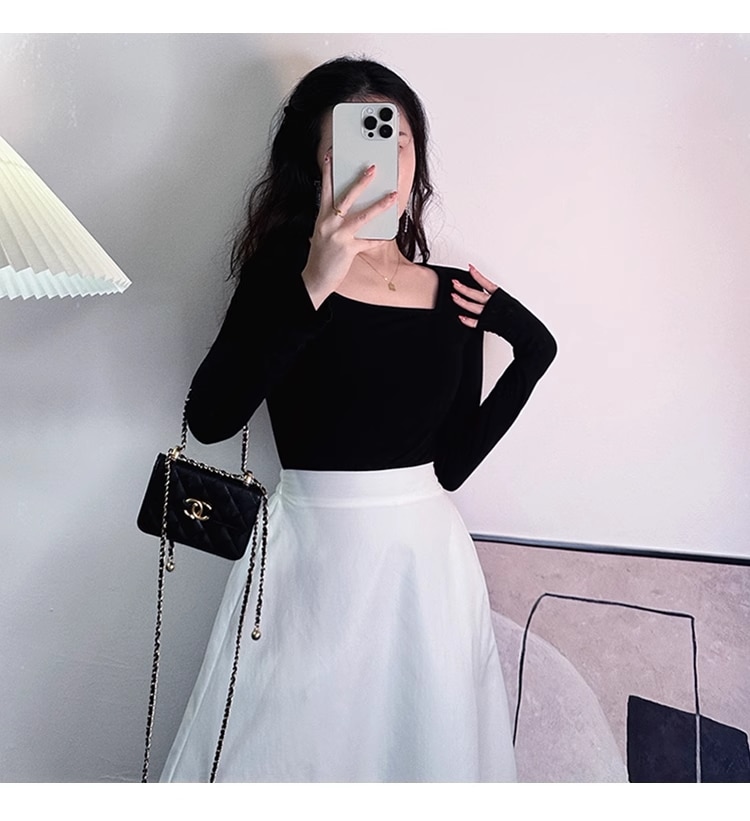 リトル ロック モンスター 黒 スタイル 春 秋 スクエアカラー 長袖 シャツ ベーシック Tシャツ スリム フィット トップ 女性 個性的 トップス シャツ 袖あり 長袖 スクエアネック 襟なし