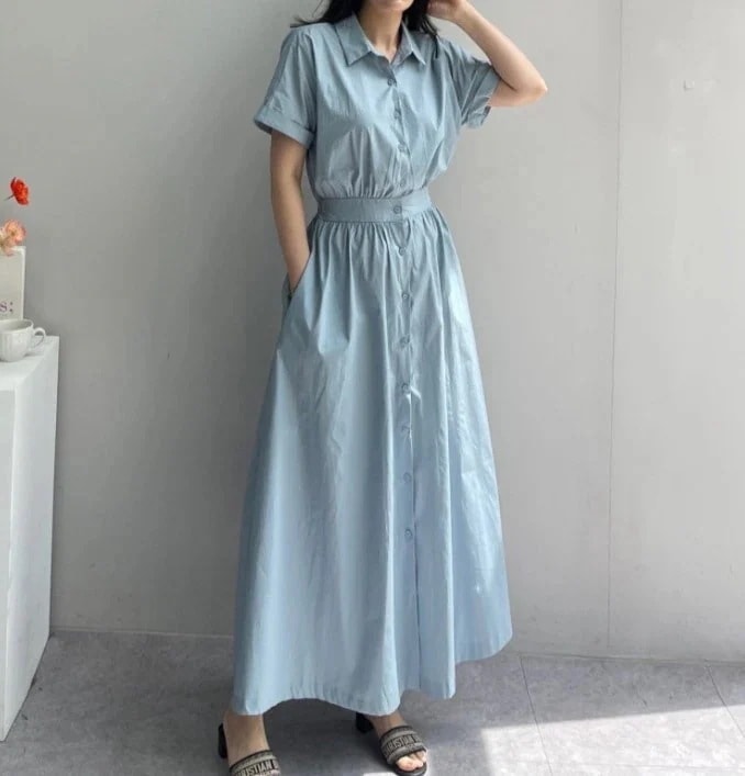 韓国/CHIC/エレガント/気質/ラペル/シングルブレスト/ウエスト/細身/ロングセクション/シャツドレス/女性カップ付きインナー