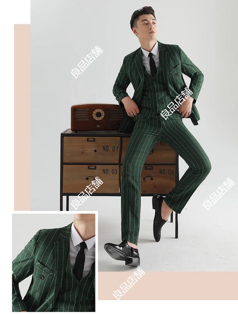 速達!グリーン チェック柄 スリーピース スーツ メンズ ストライプ柄 オシャレメンズスーツ カジュアル スーツ セットアップ スタイリッシュ 細身 オールシーズン 3点セット S～2XL 細身 上着