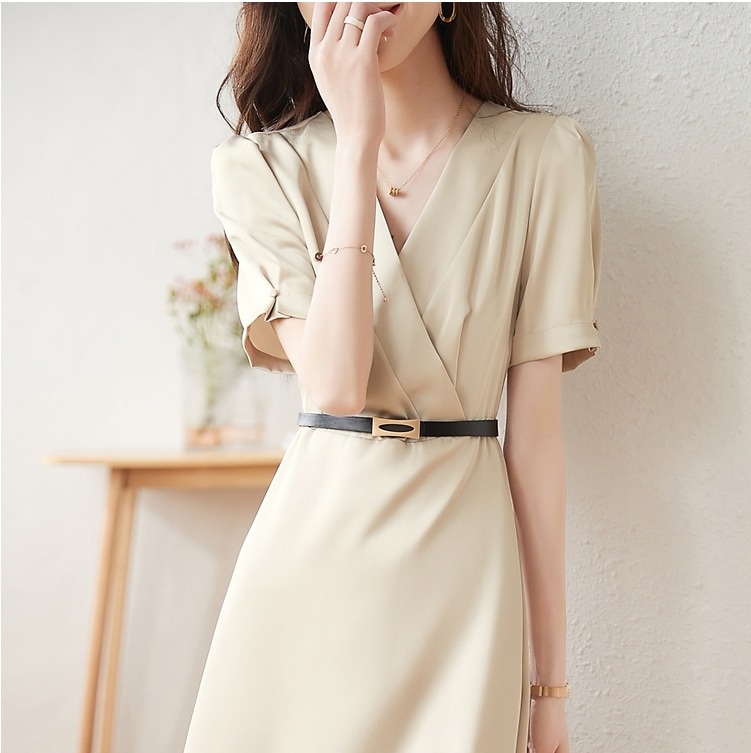 オフィスカジュアル ミディアム丈ワンピース パフスリーブワンピース Vネックシフォンワンピース スカート ワンピース プルオーバー オールインワン ロングスカート フレアスカート ロング ロング丈