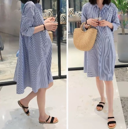 アシンメトリーワンピース シャツワンピース ミモレ丈 ストライプ ブルー 袖あり 長袖 襟付き シャツカラー ストレート デザイン ボタン 美ライン ニュアンス レース カラバリ リラックス かわいい