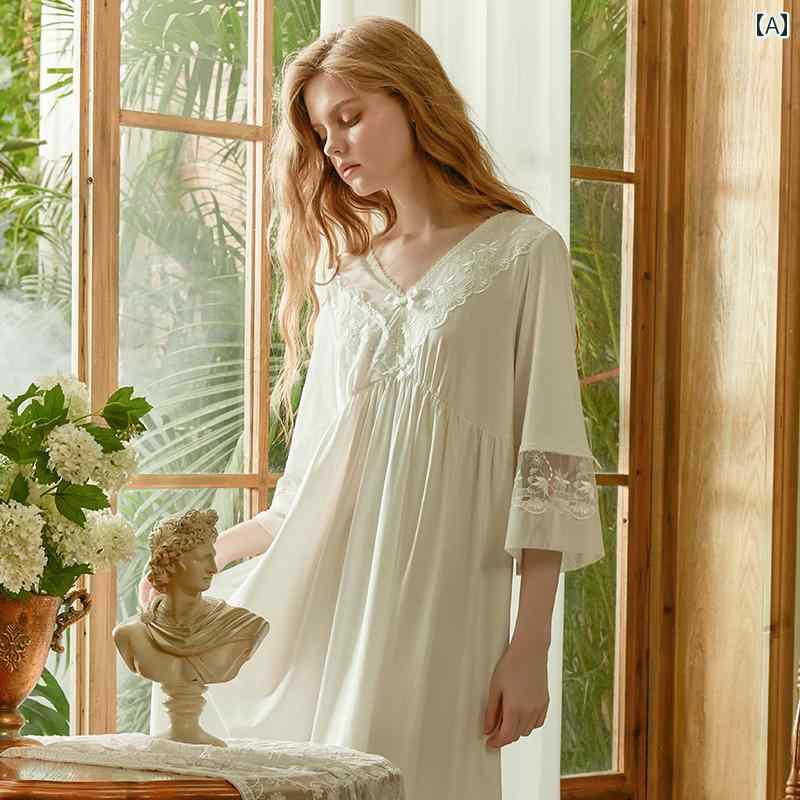 ネグリジェ パジャマ レディース 宮廷風 七分袖 レース ワンピース ドレス 透け感 上品 ルーム ナイト ホームウェア