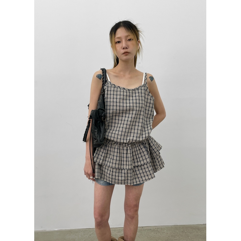 ブラックアップトブルチェックレイヤードナシミニドレス
