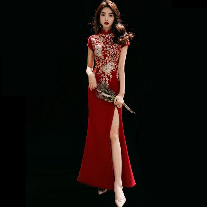 推奨中華ドレス チーパオ 中華服 チャイナ風 チャイナドレス 前スリット 短袖 刺繍柄 エレガント 結婚式 二次会 花嫁 ドレス マーメイド 演奏会 発表会 チャイナ ド%o