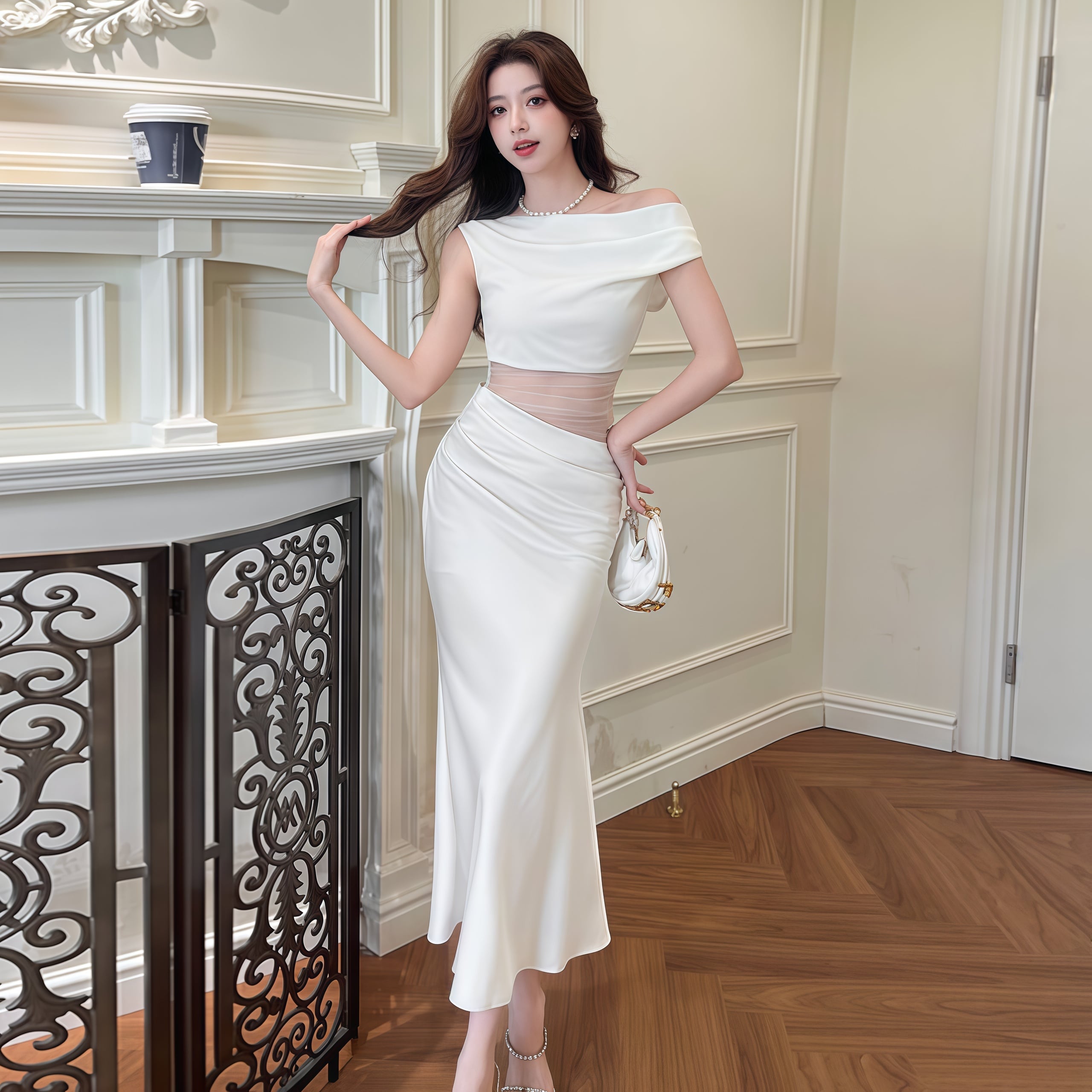 チュールコンビ肩見せマーメイドワンピース