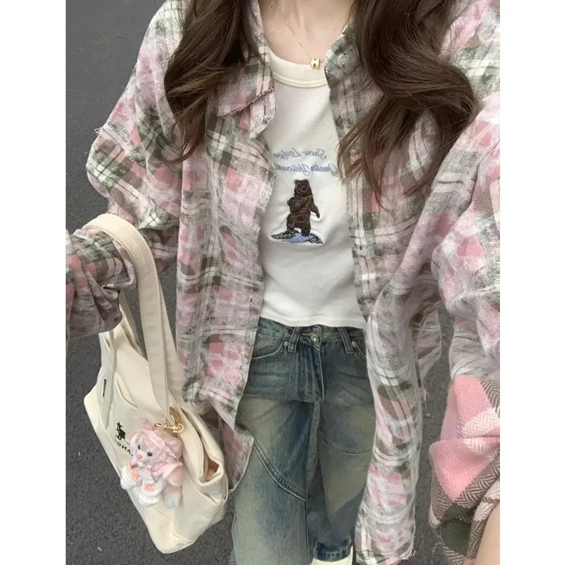 女性用ピンクチェック柄シャツ,カップル用カーディガン,厚手の袖,ブラウス,芸術的な官能的な服,春と秋 - 200000345