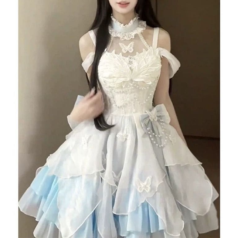 【2枚購入で 3oo円OFF！】青と白のプリンセススタイルの小さなドレスロリータスカート薄いフラッシュロリータ大人ギフトふくらんでいるスカート女性