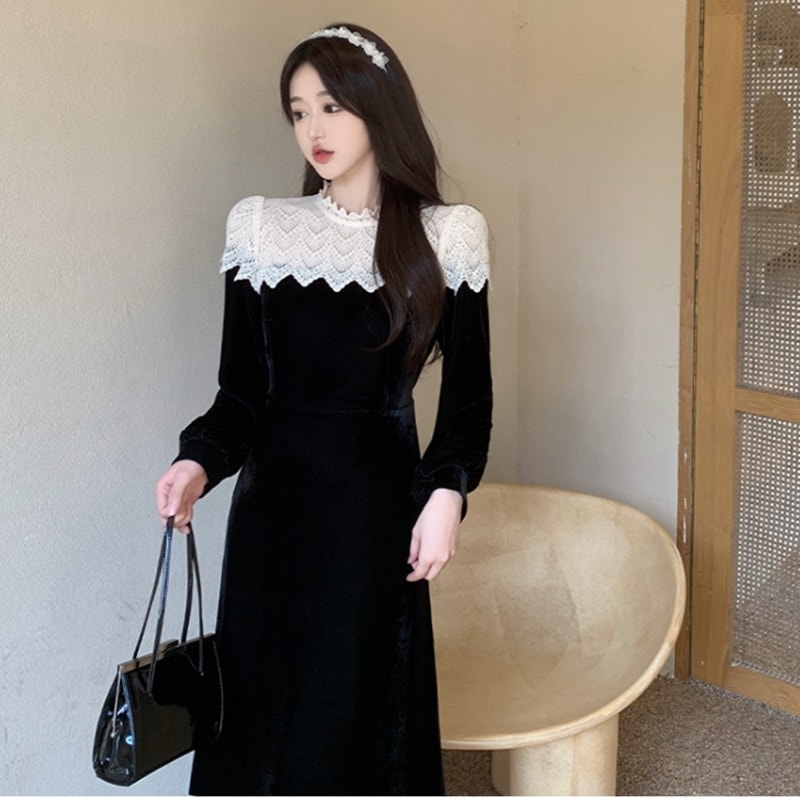 ワンピース ドレス レディース ベロア ベルベット レース 膝下 ミモレ 長袖 Aライン 上品 レトロ お洒落 フォーマル シンプル 発表会 結婚式 かわいい 黒 M L XL 2XL 3XL 4XL