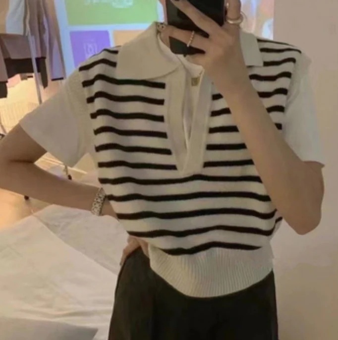 カットソー ニットソー レディース セーター ノースリーブ Vネック 襟付き 上品 かわいい 大人可愛い きれいめ シンプル ボーダー 春 秋 学生 デート お出かけ ホワイト ブラック トップス