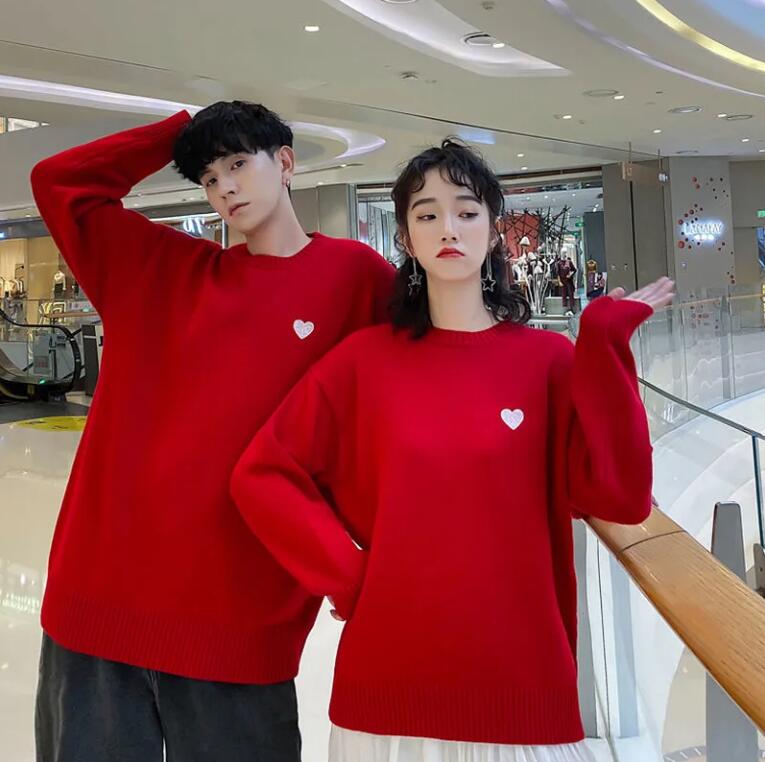韓国ファッション 秋と冬 新しい 怠惰なレトロ 通勤 ゆったり カジュアル カップルのセーター 結婚証明書の登録写真のペアルック セーター着 PQ25