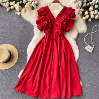 レディース スカート ワンピース シャツ ブラウス シャツワンピ フレンチスリーブ Vネック フレア フェミニン ウエストマーク ボタン かわいい 大人可愛い きれいめ シンプル カジュアル 上品