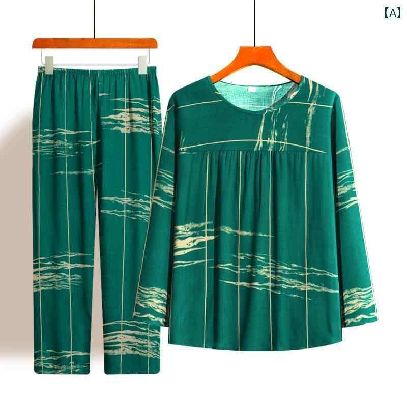 ルームウェア 部屋着 レディース 長袖 婦人 ミセス 高齢者 春夏 コットンシルク スーツ パジャマ 2点 セット グリーン レッド パープル