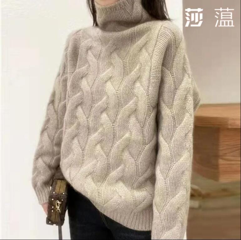 の新作タートルネック純毛織物セーターツイスト花ゆったり厚手ボトム
