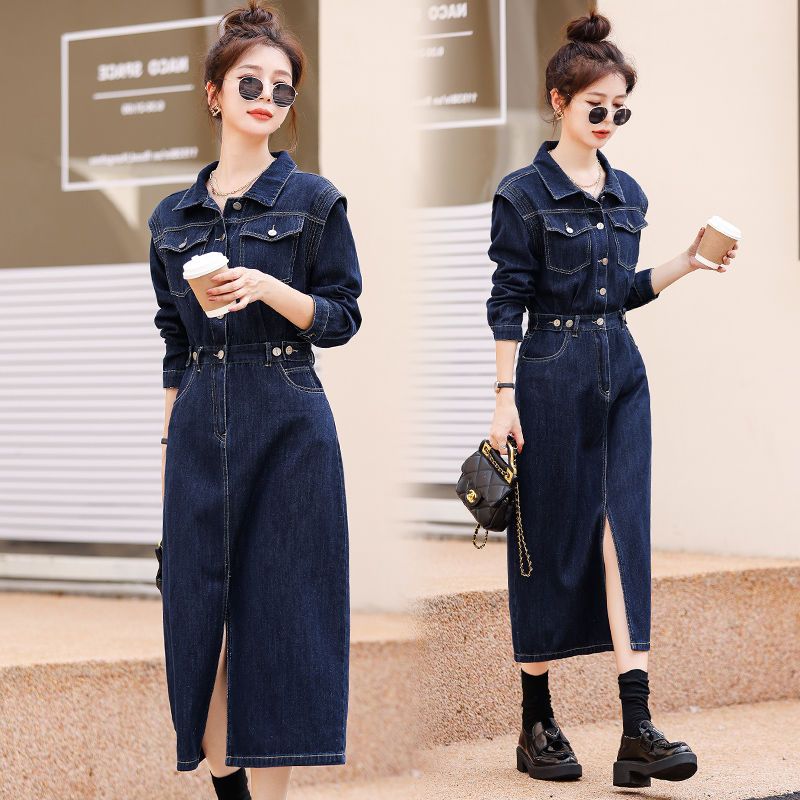レトロファッショナブルなデニムワンピース女性2025春秋カジュアル気質ハイウエストシャツロングスカート 母の日 母の日-0008693