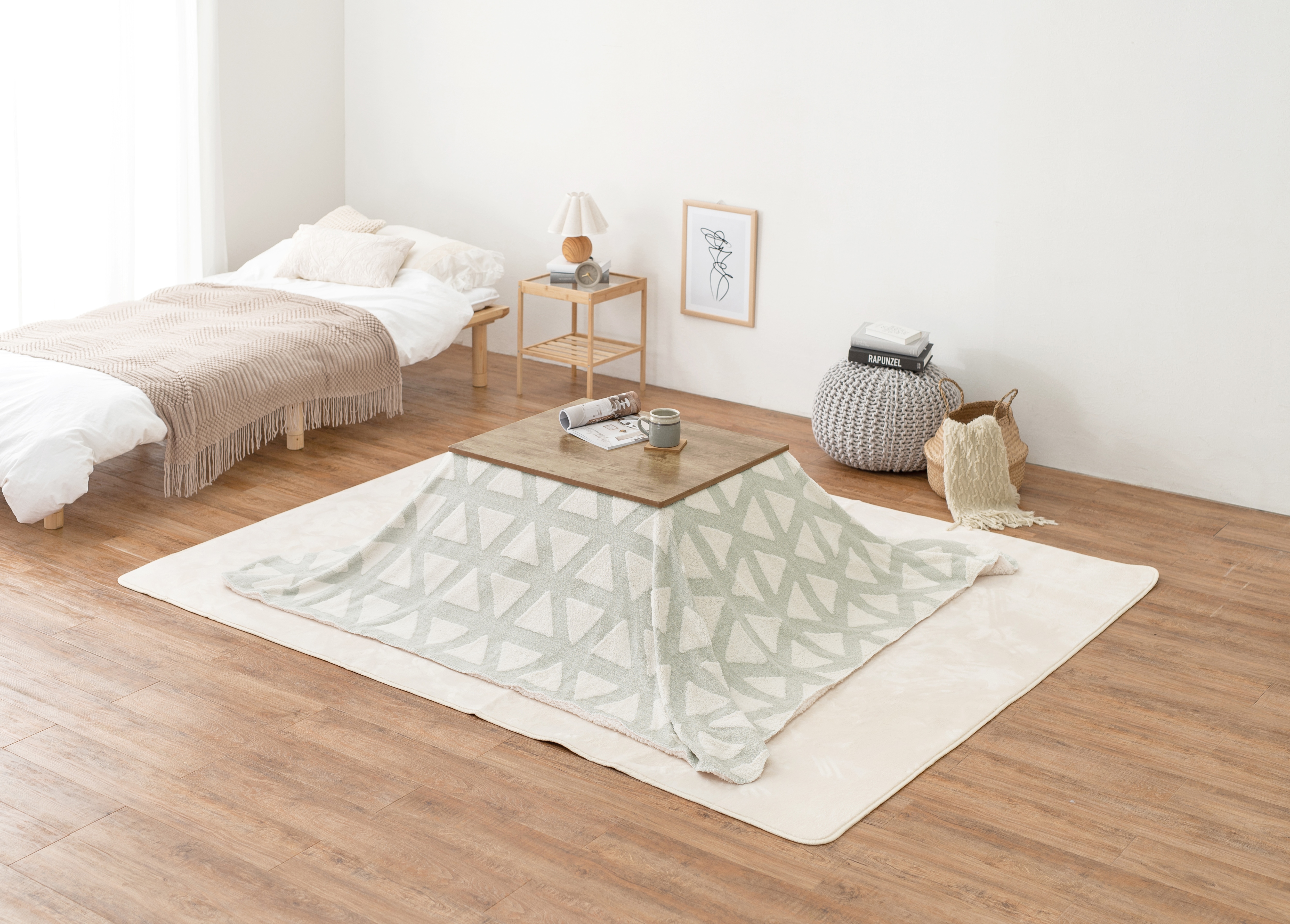 こたつセット こたつ うす掛布団 2点セット アンティークナチュラル/グレー(三角) 75x60cm ヴィンテージテイスト 北欧柄 オールシーズン コタツ テーブル