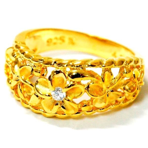 ハワイアンジュエリー リング プルメリア 花 クリアジルコニア 透かし スパイラル イエローゴールド レディース シルバー925