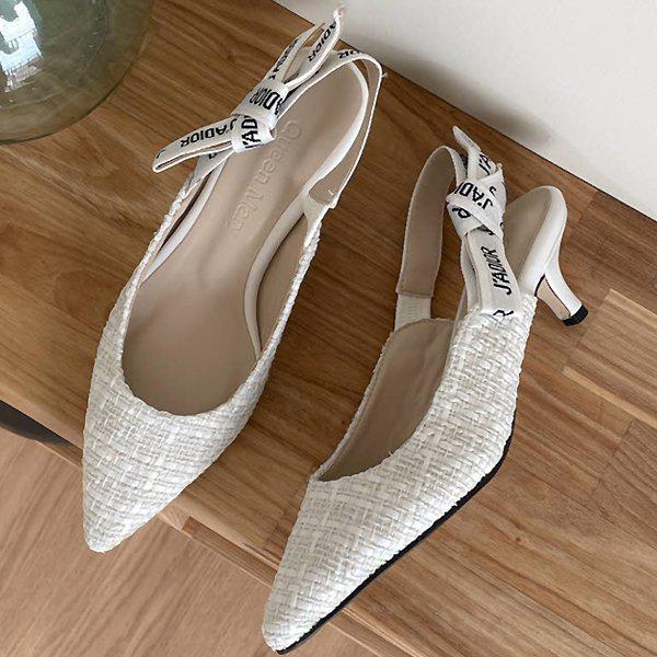 スティレットツイードリボン 女性用 レディース シューズ ミドル スリングバック 5cm syq23m507_P347462241