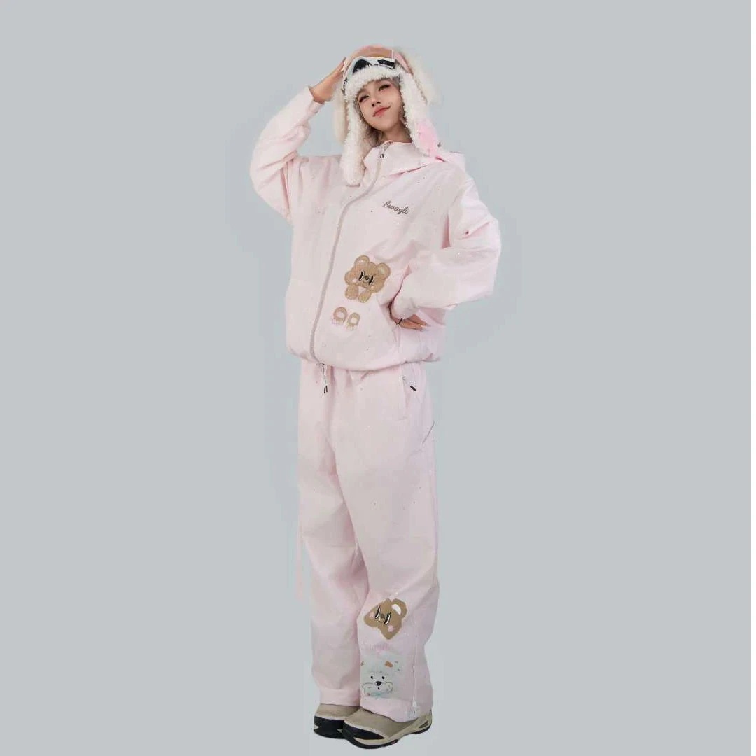 1-3日出荷かわいいクマちゃん スノーボードウェア 限定モデル 2026 ピンク レディース スノパンツ スノウェア レディース スキーウェア スノボウェア スキー 防风撥水