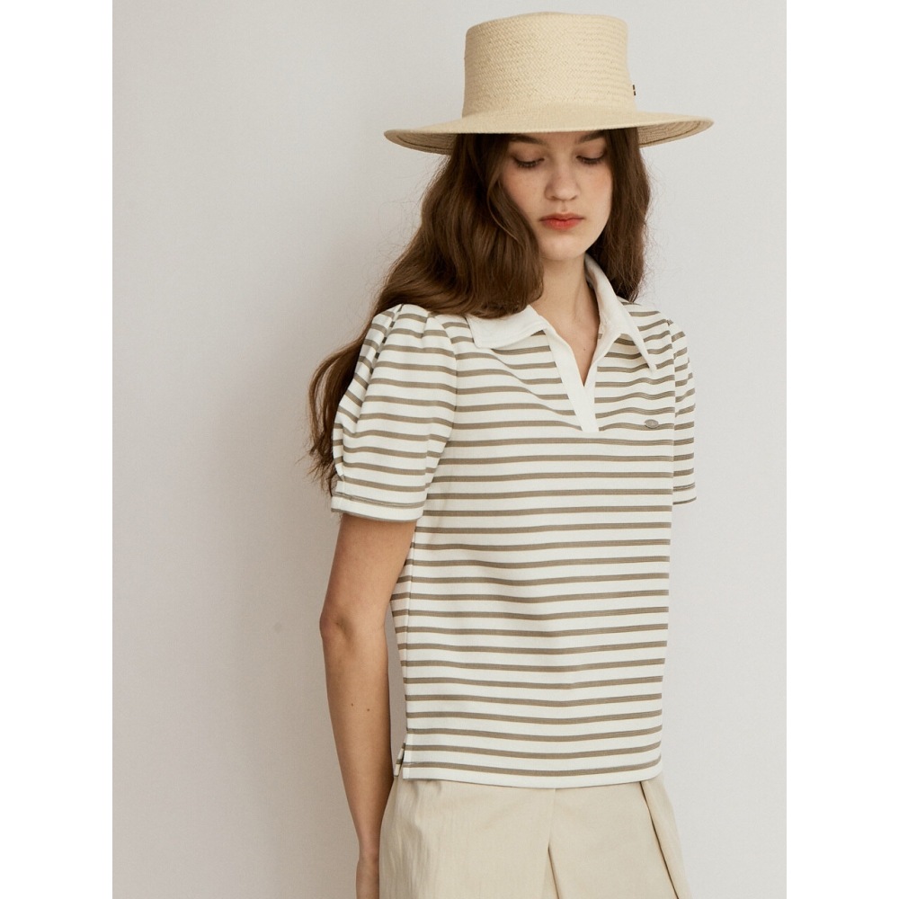 ル・アボンヌボリュームストライプ Tシャツカーキ
