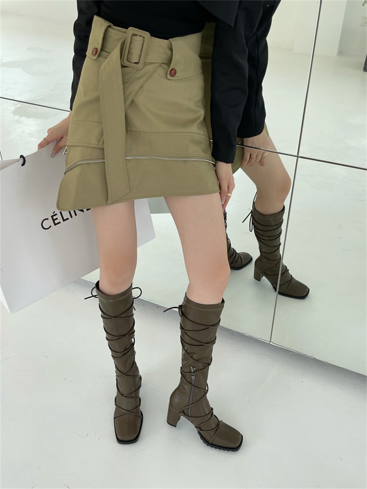 激安セール 交差する リーンブーツ スクエアシューズ ブーツ かかと ロングブーツ 厚いかかと オールシーズン ストリート バンディング スリム