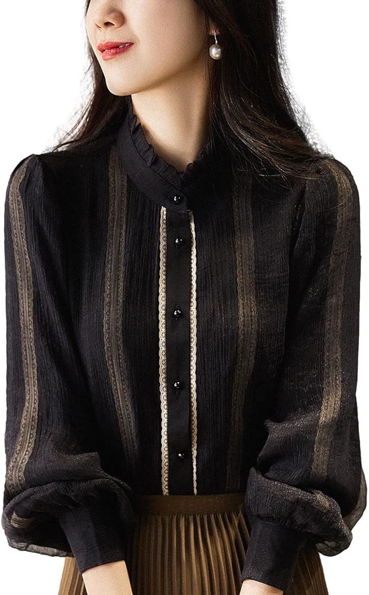 パフスリーブシフォンブラウス レース 立ち襟 裏地あり モノトーン 透け感 シック 小さいサイズ ブラウスレディース ボリュームスリーブ バイカラー( ブラック, L)