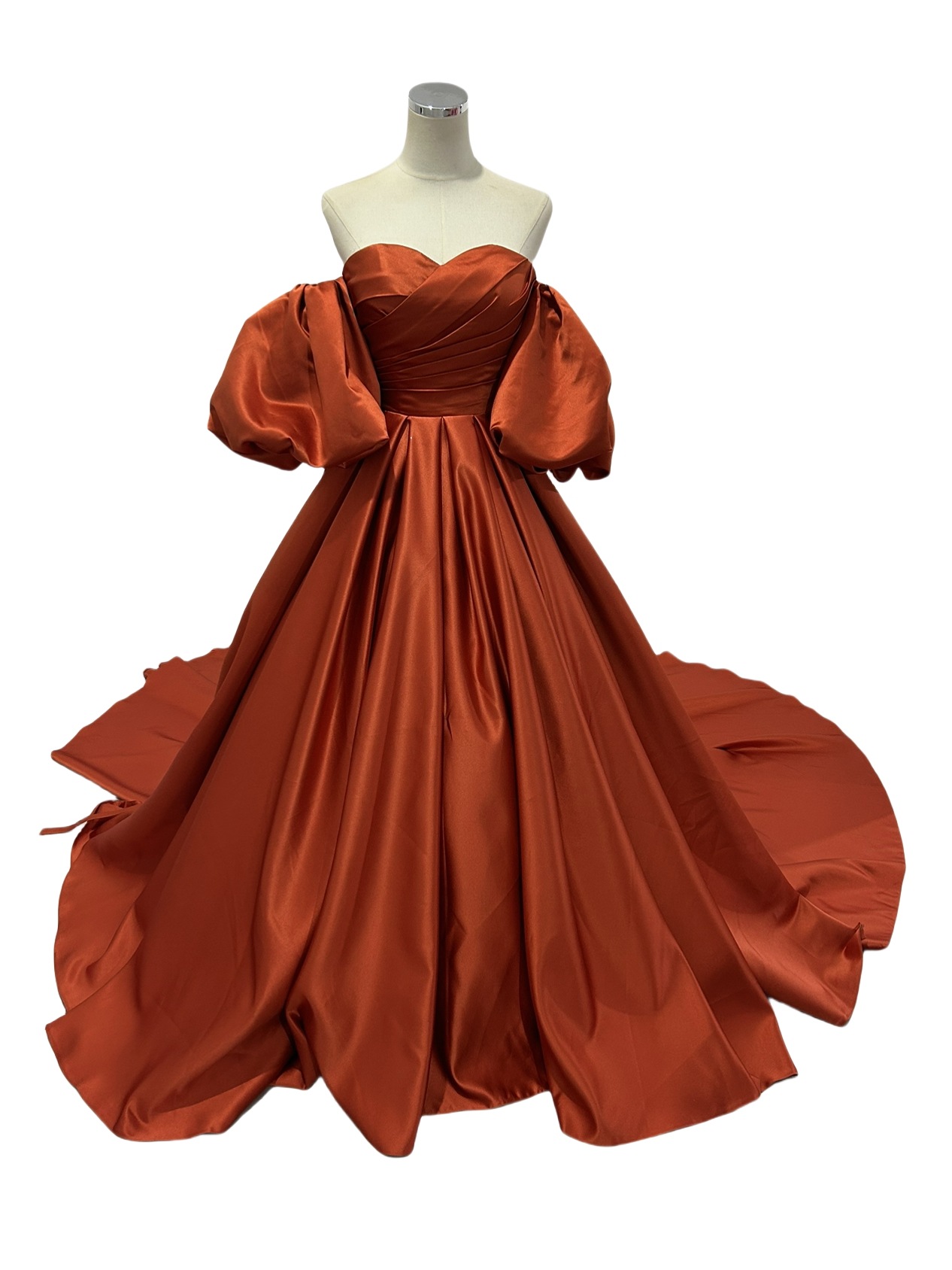 カラードレス テラコッタ色 パフスリーブ 光沢サテン 編み上げ 前撮り ロングドレス