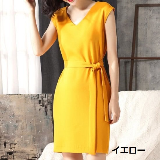 【取寄：納期2週間】パーティードレス レディース ワンピースドレス ノースリーブ Ｖネック ウエストリボン シンプル 無地 きれいめ エレガント おしゃれ お呼ばれ フォーマル 膝丈 パーティードレス