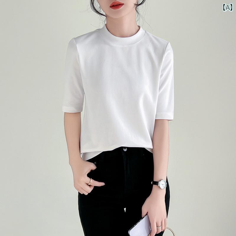 レディース トップス シンプル おしゃれ 袖 ホワイト コットン ハイネック Tシャツ ハーフ ハイネック シルケット コットン