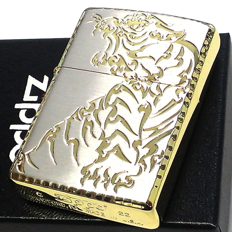 ZIPPO トライバルビースト 虎 ジッポ ライター 和柄 おしゃれ 両面加工 リューター加工 ゴールド 彫刻 かっこいい 金差し メンズ プレゼント ギフト